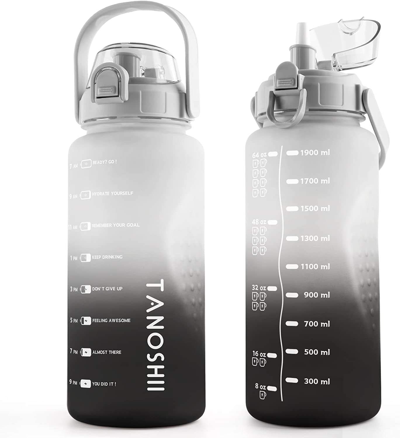 With Time Marker Straw Flip Top Divtop Handle Plastic Big Gym Sports 2200ml Jugs Motivational Half One 1 Gallon Water Bottle