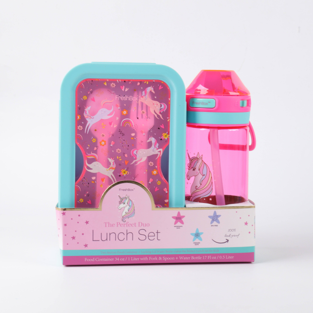 School Kids Leak-Proof Travel Children Plastic Food Lunch Box Set and Water Bottle BPA Free