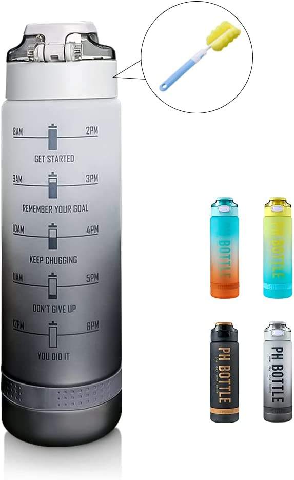 BPA Free 32 Oz Plastic Sports Bottle Leak Proof 1 Liter Motivational Water Bottle with Time Marker