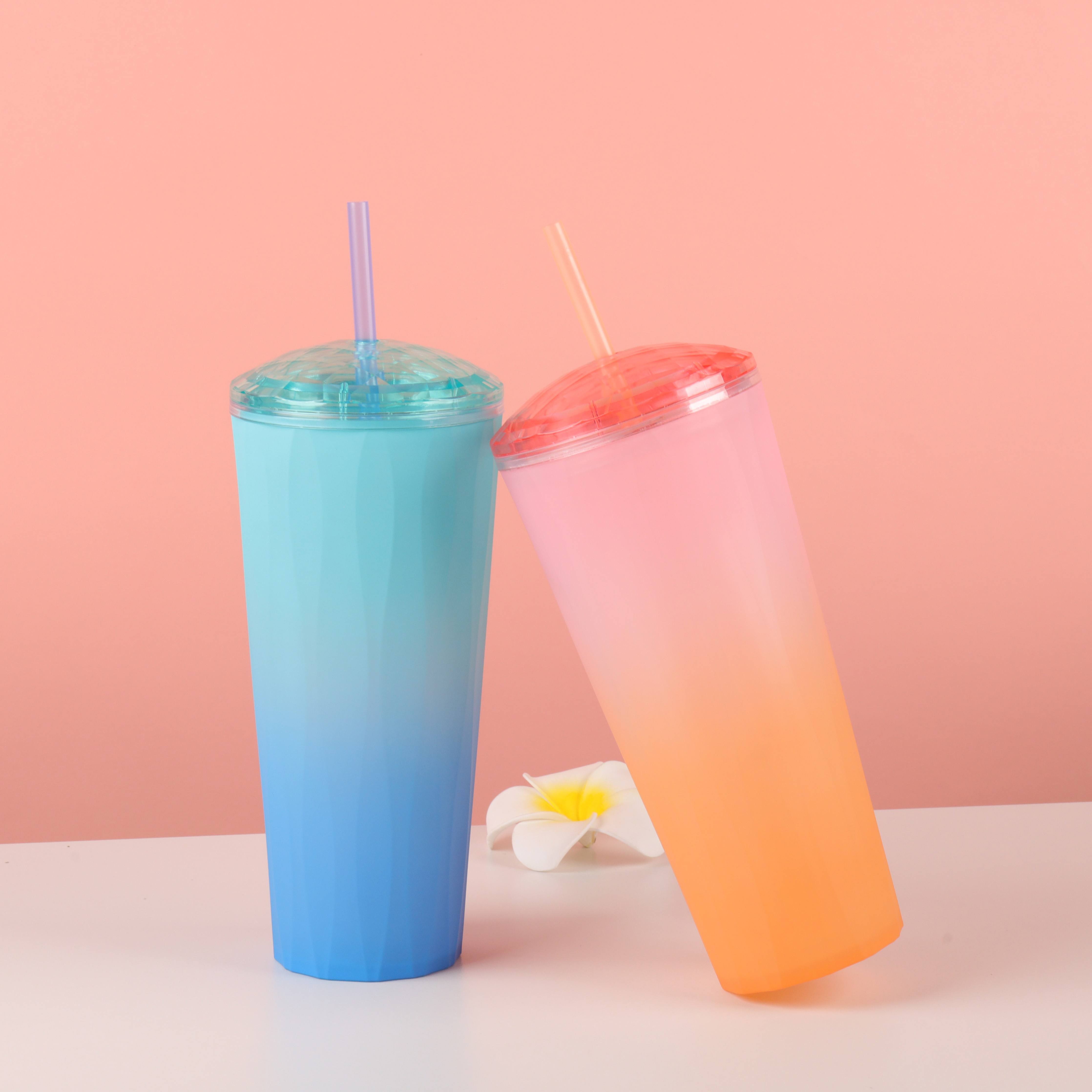 2024 New 700ML Candy Color Contrast Summer New Party Plastic Water Tumbler Bottle With Straw