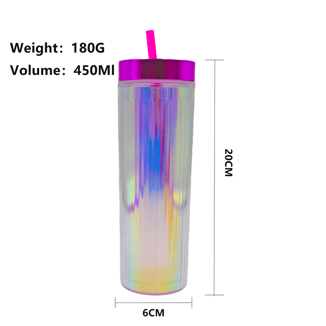Wholesale Double Layered Cup Wall Plastic Water Cups in the Style of Colorful Glitter Flakes with a Straw Made of AS Material