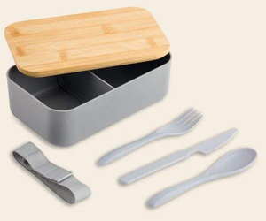 Eco- Friendly Lunch Box Made of RPET Material Suitable for Everyone Comes with Bamboo Lid As Well As a Knife a Fork and a Spoon