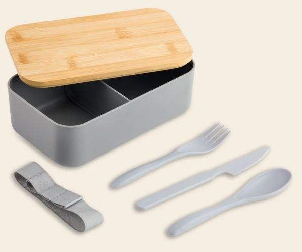 Eco- Friendly Lunch Box Made of RPET Material Suitable for Everyone Comes with Bamboo Lid As Well As a Knife a Fork and a Spoon