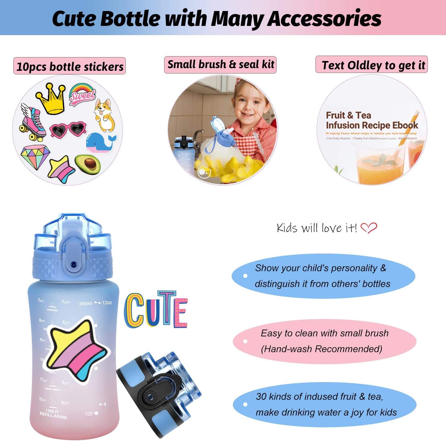 12OZ Tritan Kids Water Bottle Leakproof Reusable Motivational Water Bottles With Time Marker Straw