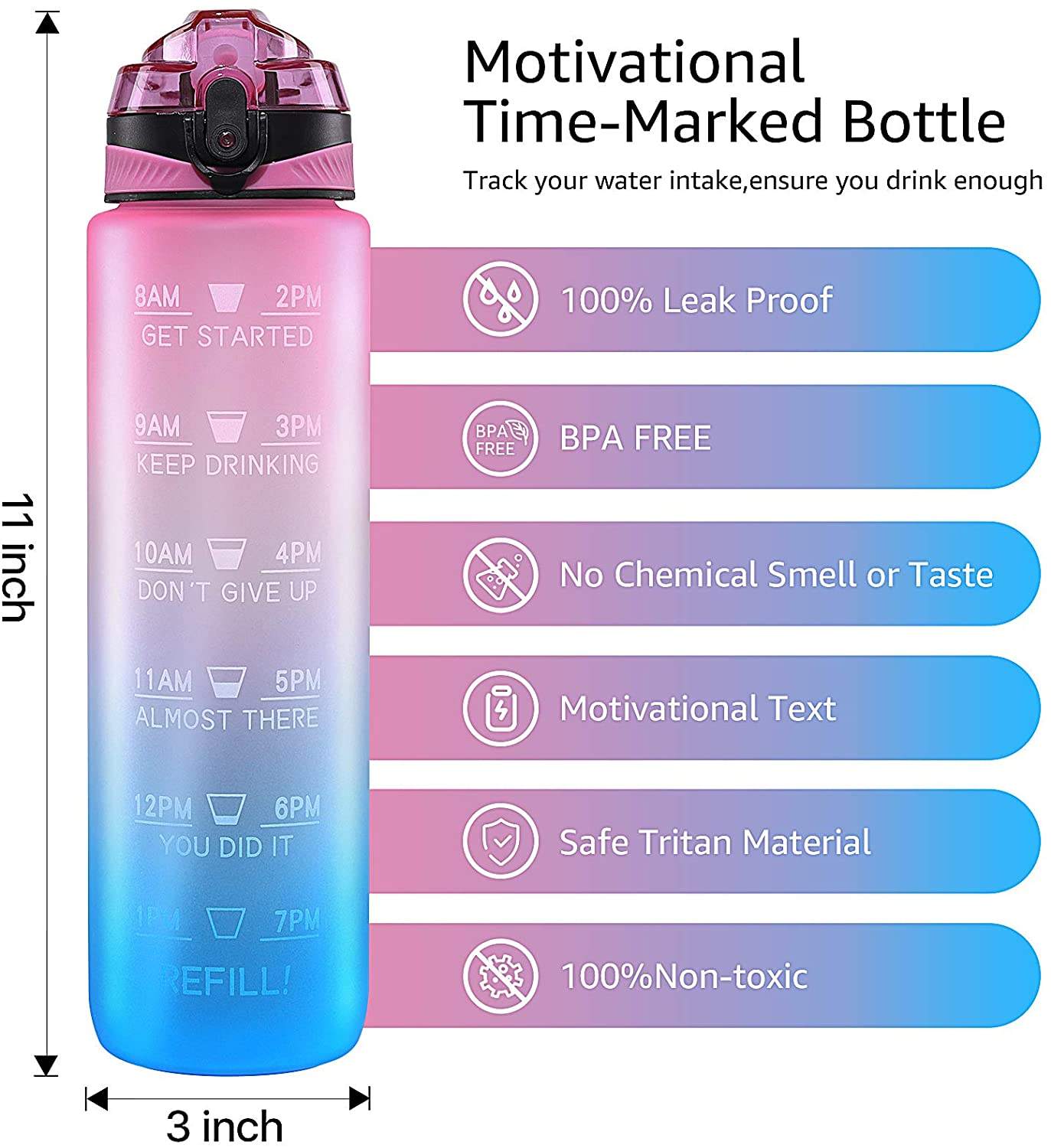 Custom Logo Plastic Portable BPA Free Reminder Tracker 32 oz 32oz Drinking Sport Motivational Water Bottle With Time Marker