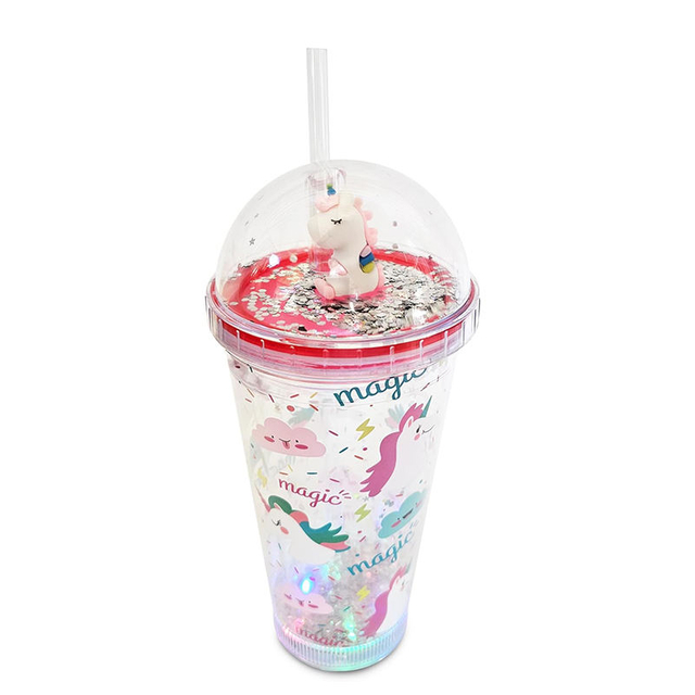Little Dinosaur Design Custom Logo Plastic Tumbler PS Plastic Reusable Cups Glitter Tumbler With Lids and Straw