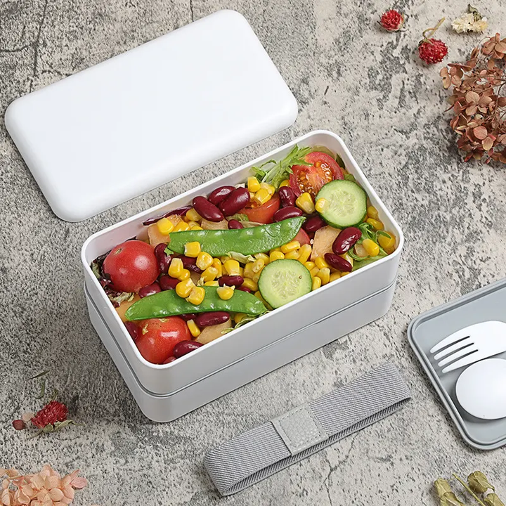 Double Layer Oblong Shape Food Grade Hot Sales RPET Plastic Bento Box with Bandage Eco Friendly Bento Box for Office Worker