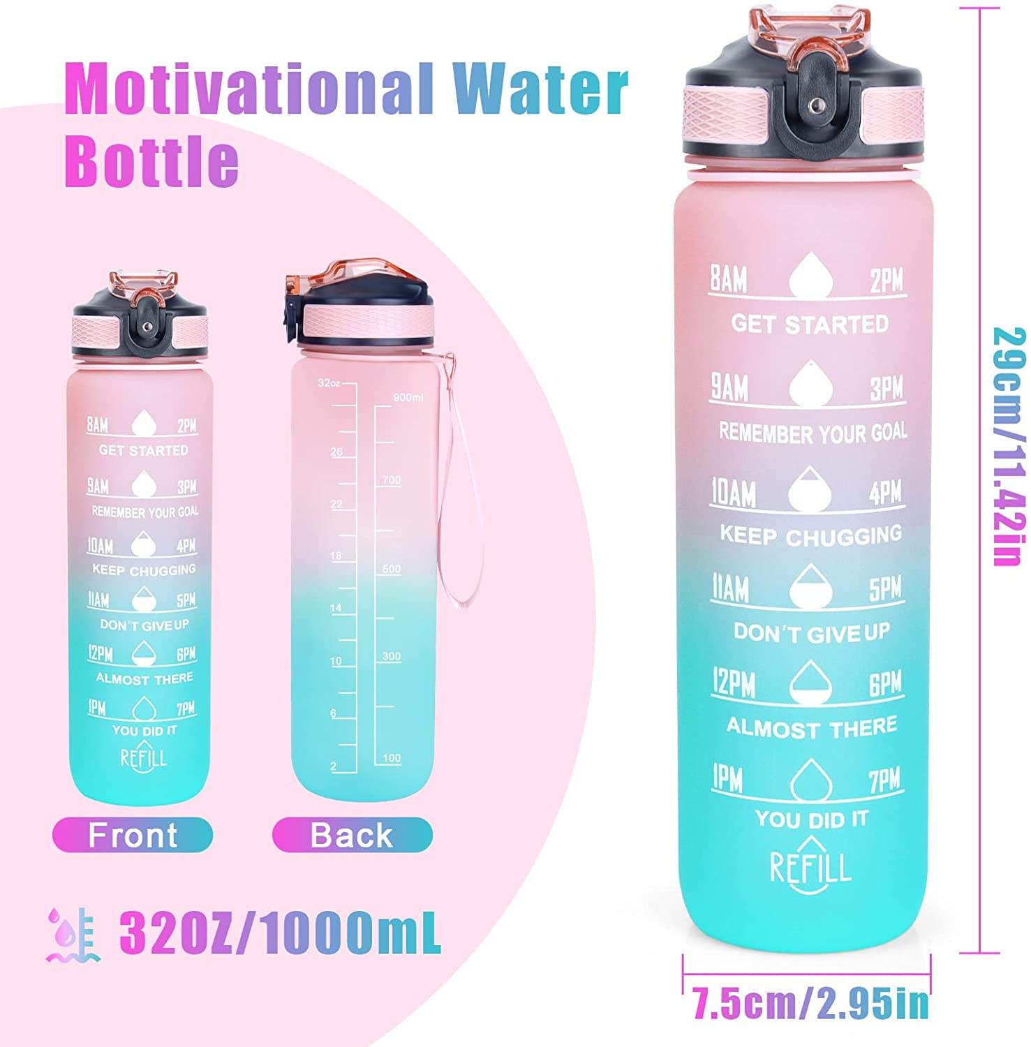 Customised 32 Oz Bpa Free Plastic Fitness Workout Sport Motivational Time Marker Water Bottle With Straw Strainer