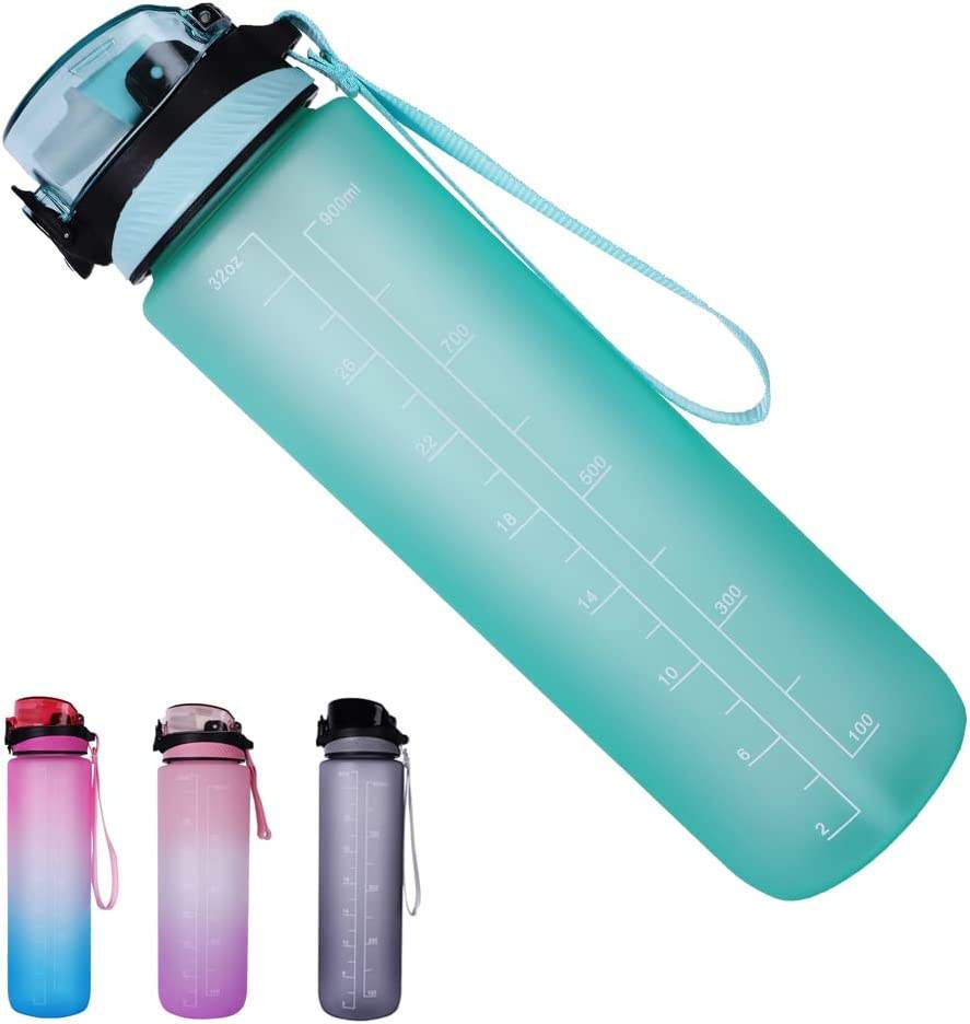 Outdoor Sport Plastic Tritan Cool Water Bottle BPA Free 32 oz Motivational Drinking Water Bottle With Time Marker and Straw