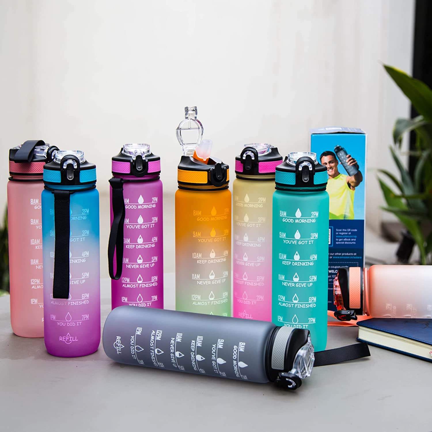 32oz Motivational Gradient BPA FREE GYM Fitness Sports Leakproof Wide Mouth Tritan Plastic Water Bottle With Time Marker