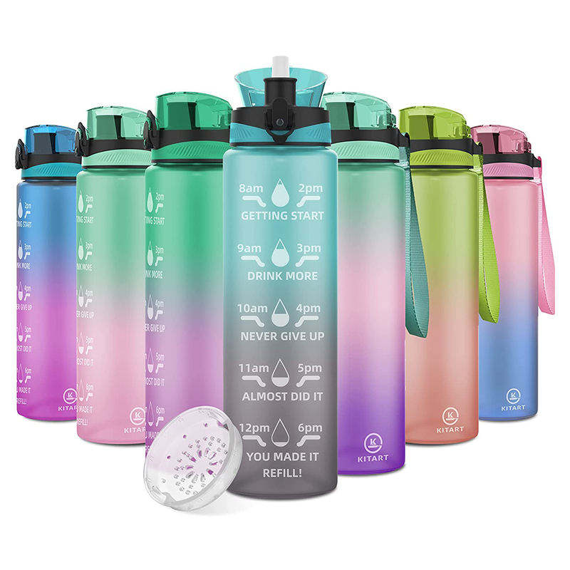 1000Mls Wide Mouth Bottles Motivational Plastic Gym Sports Water Bottle With Straw Time Marker