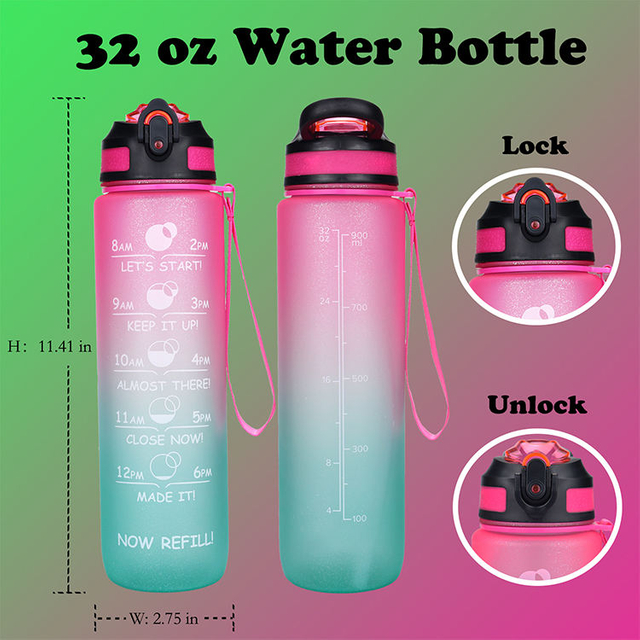1000ml Water Bottles Customization Plastic Big Capacity Bottles with Time Marker Wide Mouth Leakproof Durable