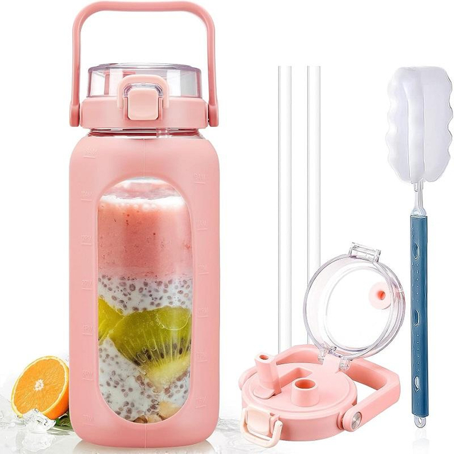 64oz Plastic Water Bottles with Straw Professional Sports Water Bottles with Silicone Sleeve and Handle