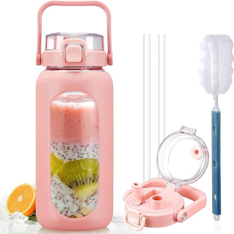64oz Plastic Water Bottles with Straw Professional Sports Water Bottles with Silicone Sleeve and Handle