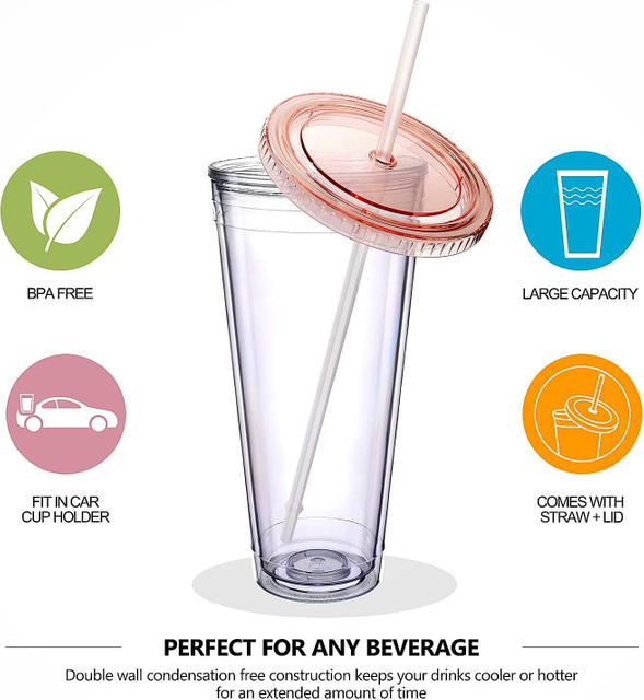 24oz Bpa Free Plastic Tumbler with Straw and Lid Double Walled clear Plastic Tumbler with Straw