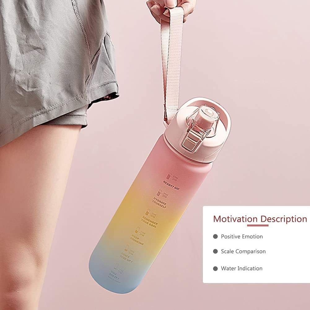 32oz Motivation Water Bottle with Time Marker BPA Free & Frosted Tritan Plastic Water Bottle with Fruit Strainer