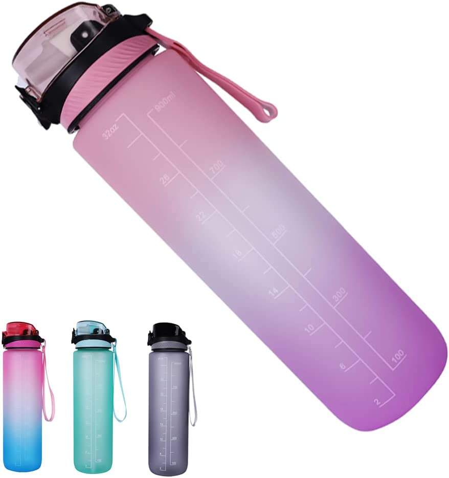 Gradient Leak Proof &Large 1 Liter 32 Oz BPA Free Water Bottle with Time Marker Fruit Infuser Strainer