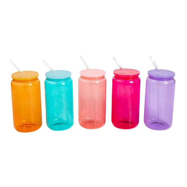 500 Ml Round Sustainable Clear Water Bottle Glass Bottles for Drinks With Long Straw Lid