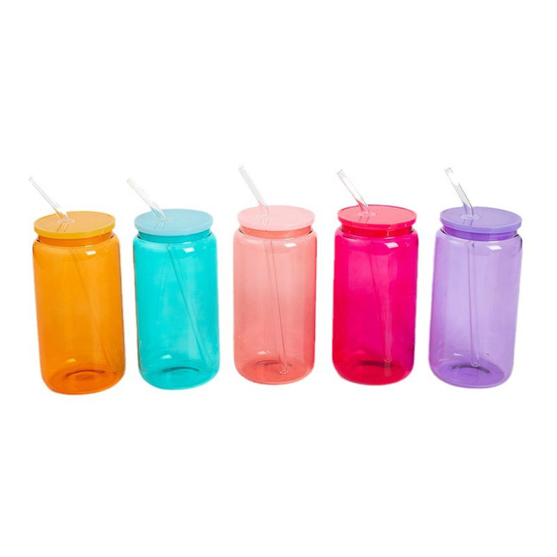 500 Ml Round Sustainable Clear Water Bottle Glass Bottles for Drinks With Long Straw Lid