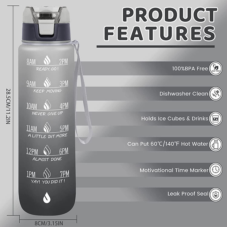 Leakproof Tritan BPA Free 1l Fitness Sports Water Jug With Time Marker Large Motivational Water Bottle