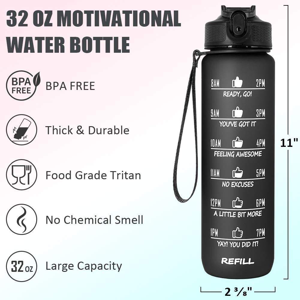 32oz Water Bottle with Time Marker Leakproof BPA Free Frosted Plastic Drinking Water Bottle with Straw