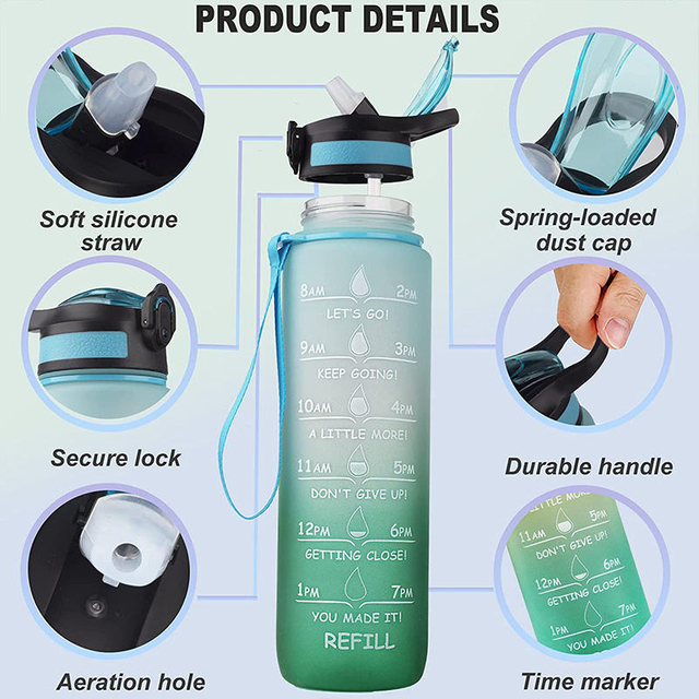 32oz Motivational Fitness Sports Water Bottle with Time Marker & Removable Strainer