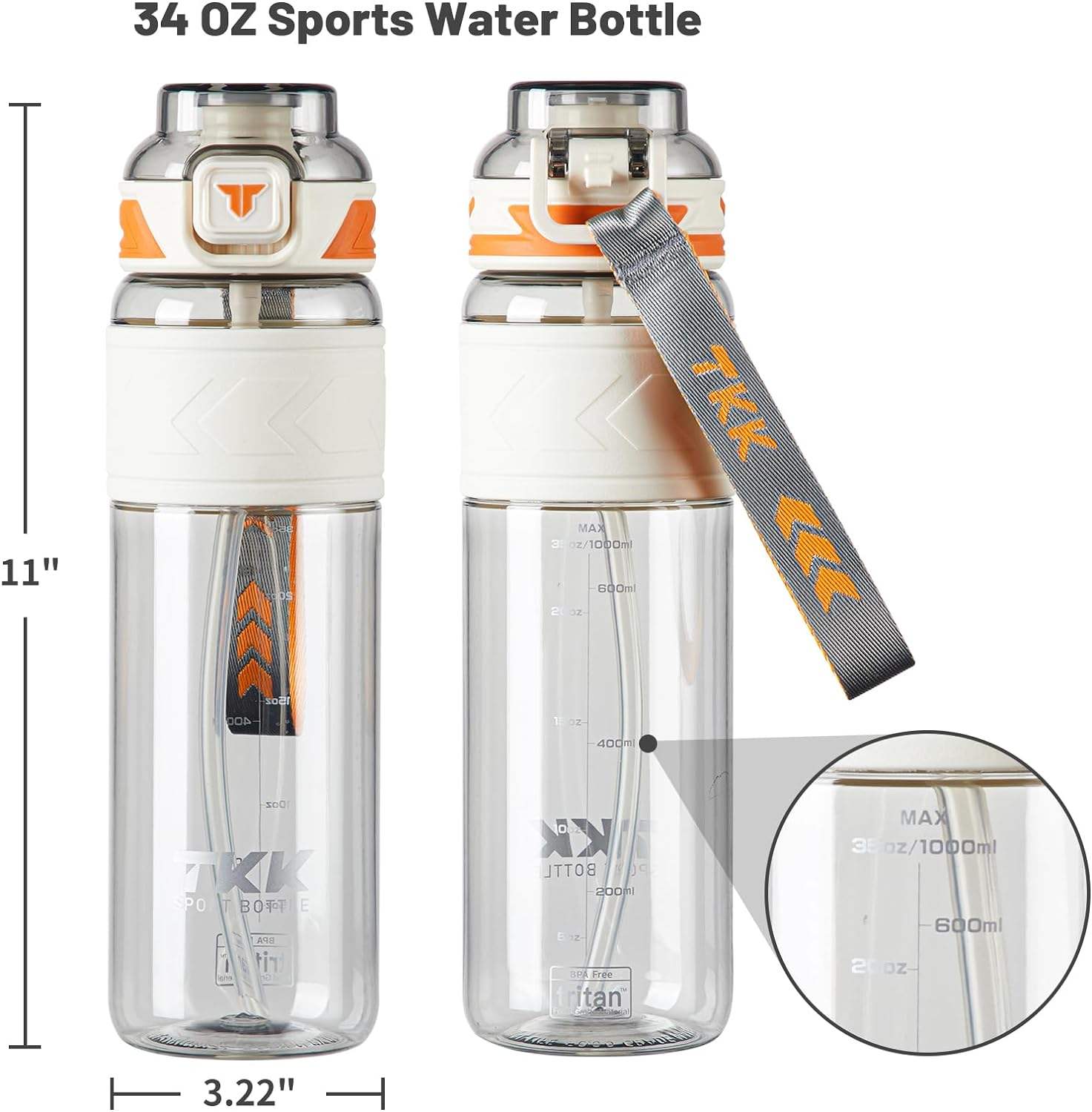 32oz Water Bottle with Straw 1000ml BPA Free Leakproof Plastic Bottle Dishwasher Safe Tritan Sports Water Bottle