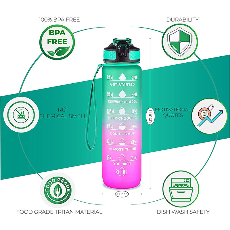 Taizhou Custom Logo 32oz 1L Portable Workout Gym Sports Waterbottle Motivational Drink Watee Water Bottle with Straw Time Marker