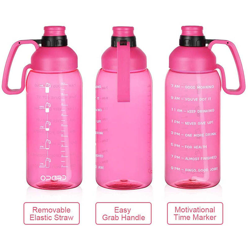 High Quality Transparent Outdoor Plastic Motivational Water Drink Bottle 64 Oz With Time Marker Handle