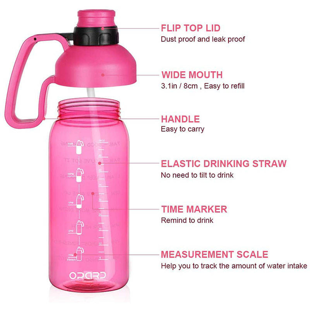 64Oz Luxury Large Capacity Flip Top Lid Inspirational Plastic Water Bottle With Handgrip Straw