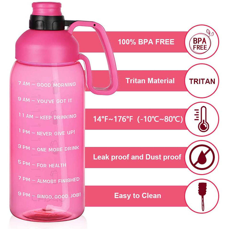High Quality Transparent Outdoor Plastic Motivational Water Drink Bottle 64 Oz With Time Marker Handle
