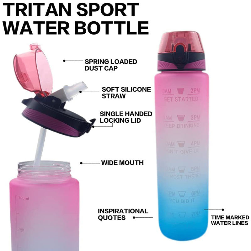 Custom Plastic Straw Strainer Filter Gym Sports 1L 32oz BPA Free Tritan Motivational Water Bottle With Time Marker