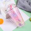Double Layer Plastic Christmas Cup Creative Colorful Cartoon Patterns With Straw Water Bottle Summer Outdoor Drinking Container