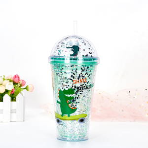 Double Layer Plastic Christmas Cup Creative Colorful Cartoon Patterns With Straw Water Bottle Summer Outdoor Drinking Container