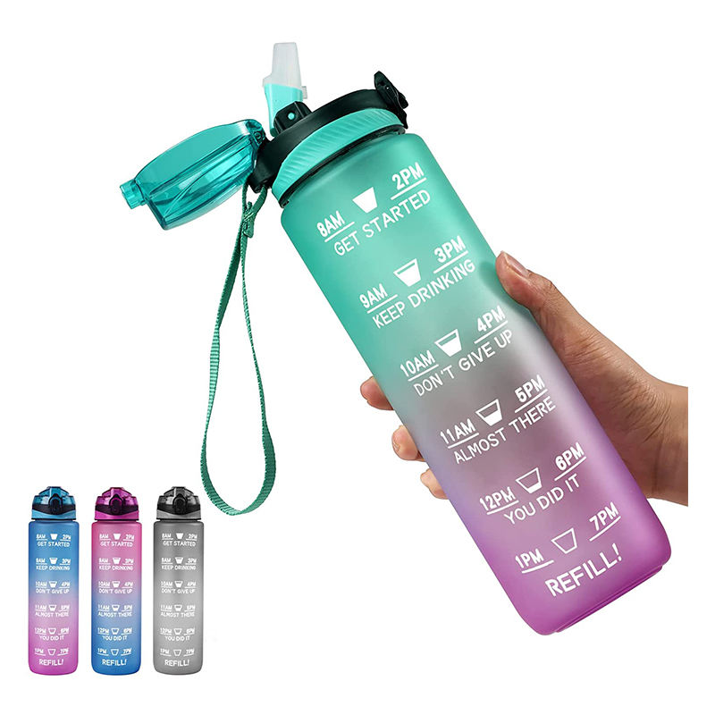Plastic Water Bottles Leakproof Tritan Bpa Free 1l Fitness Sports Water Jug With Time Marker Motivational Water Bottle