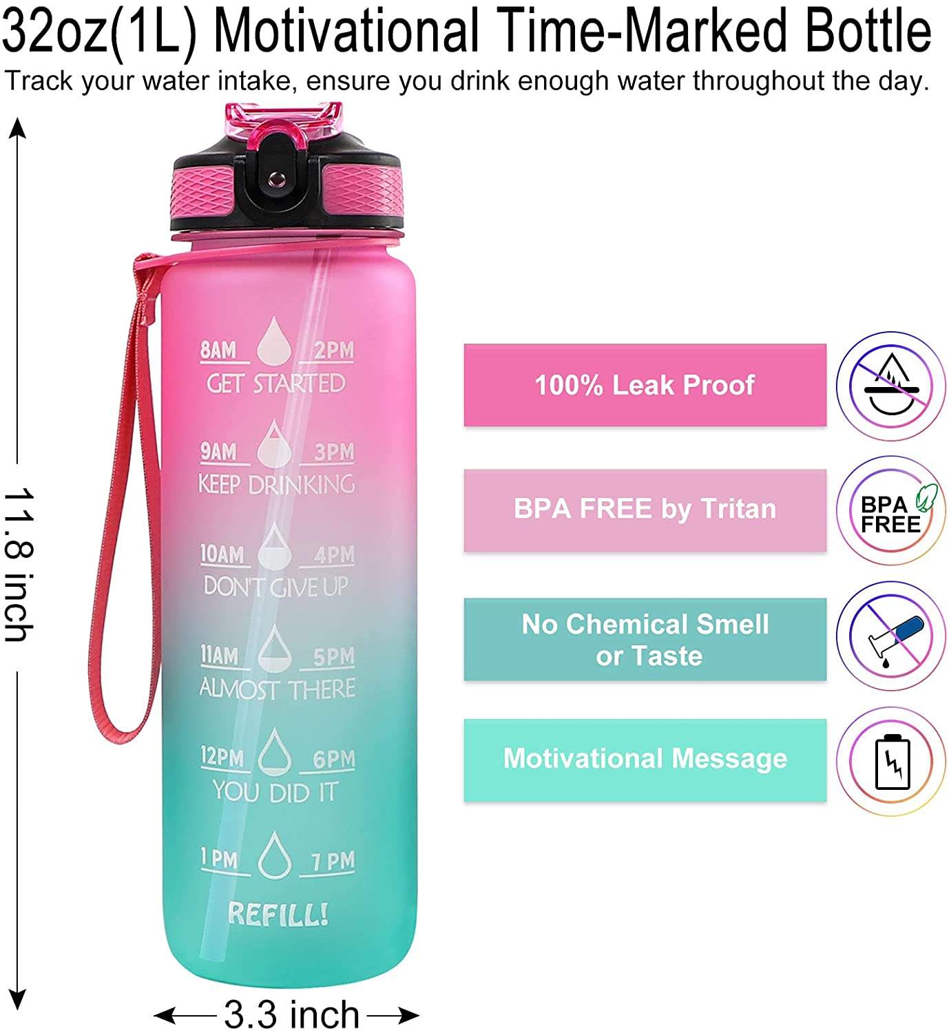 Wholesale Customize Bpa Free 1000ml 1l 32oz 32 oz 1 Gallon Plastic Tritan Motivational Drinking Water Bottle with Time Marker