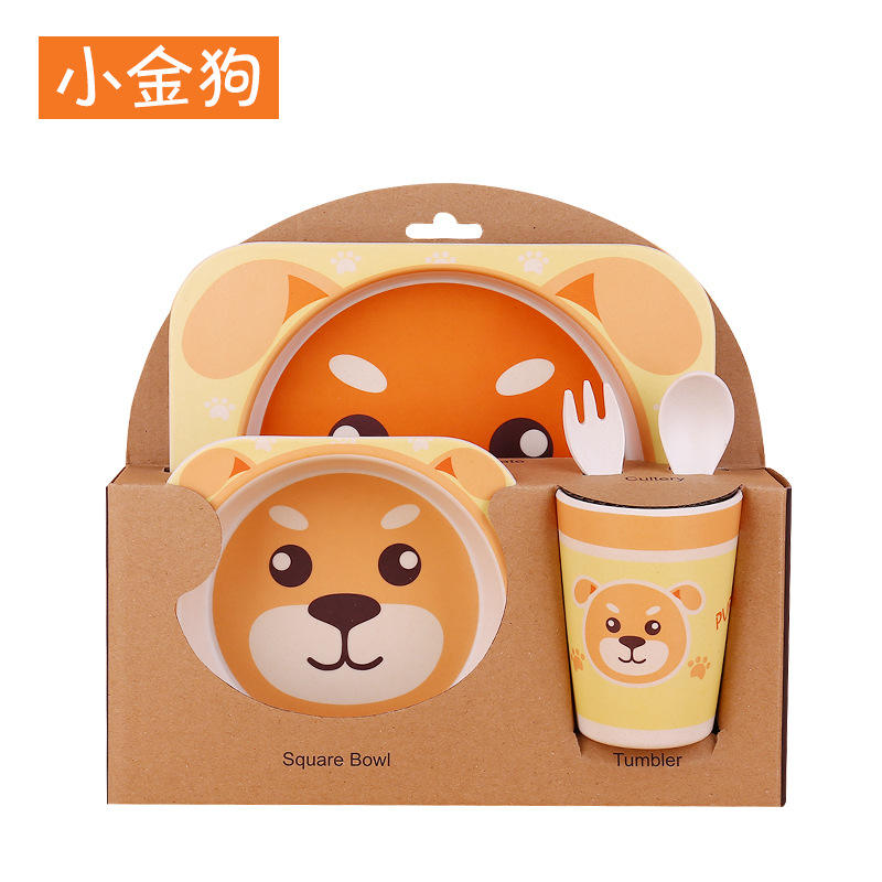 Bamboo Fiber Children Tableware Set Baby Feeding Plates Dishes Bowl With Cup Fork Spoon Cartoon Animal Kids Dinnerware