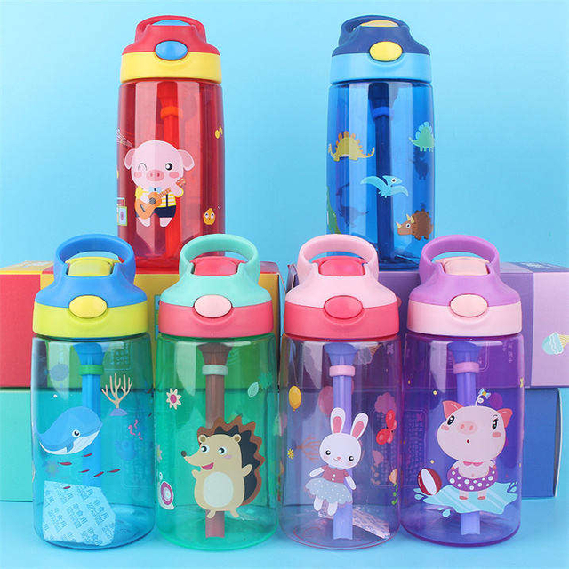 480ML BPA Free Cartoon Animal Princess Colorful Student Plastic Water Bottle With Straw and Handle