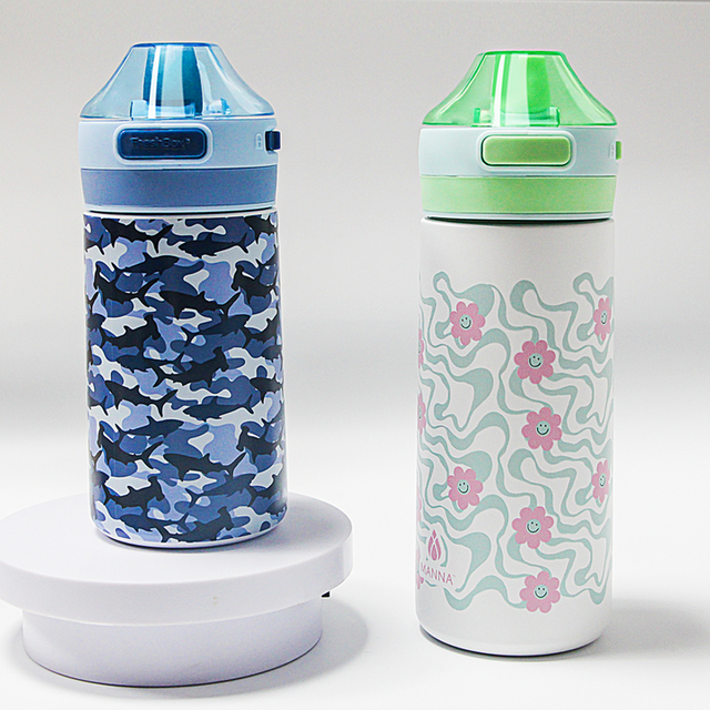 Kids Stainless Steel Water Bottle 16oz with Straw and Food Grade Silicone Suction Nozzle Custom Pattern and Color
