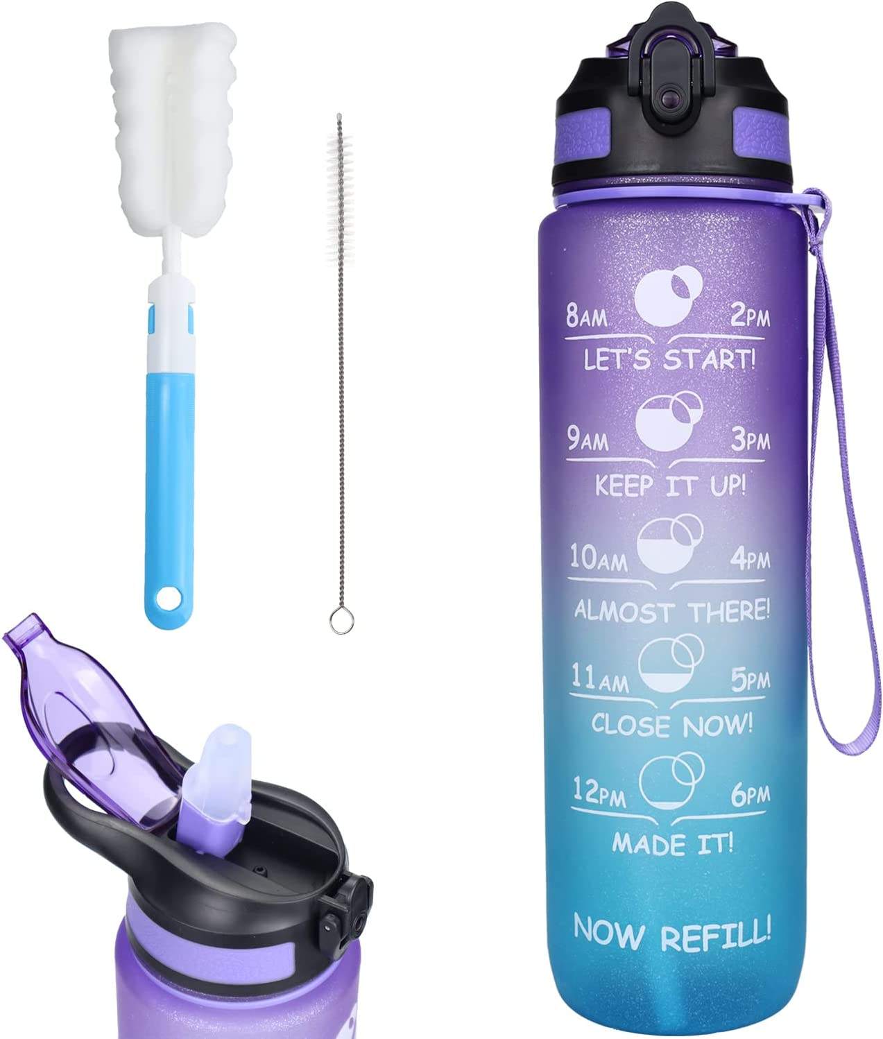 32 OZ Leak Proof BPA Free Plastic Fitness Sports Motivational Tritan Water Bottle with Times to Drink and Straw