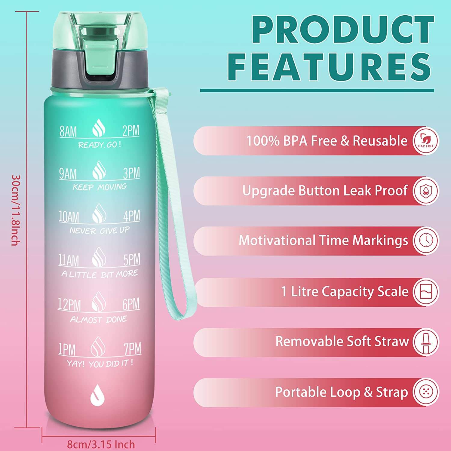 Bpa Free Hot 2025 Gradient Time Marker Sports 32 OZ Water Bottle with Straw Lid