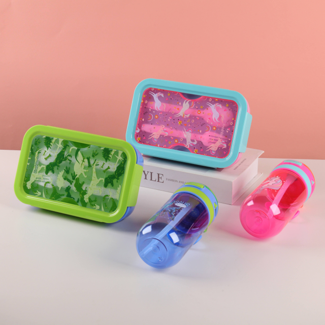 School Kids Leak-Proof Travel Children Plastic Food Lunch Box Set and Water Bottle