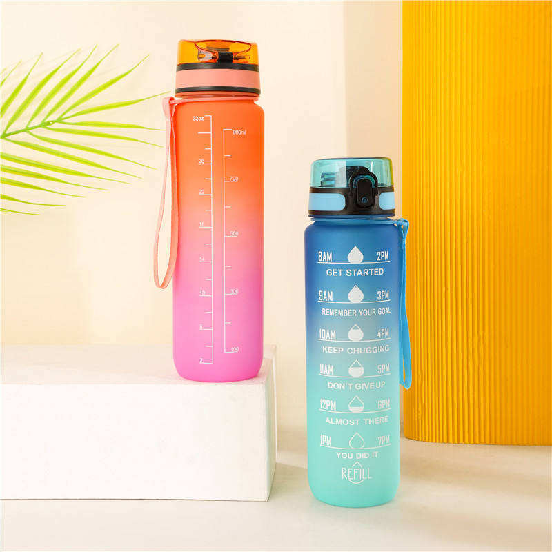 1000ML BPA Free Motivational Outdoor Tritan Plastic Water Straw Bottle With Handle