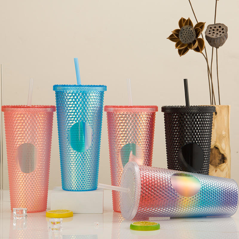 700ML Colorful Plastic PS Leak Proof Durian Grid Cup Diamond studded Mug