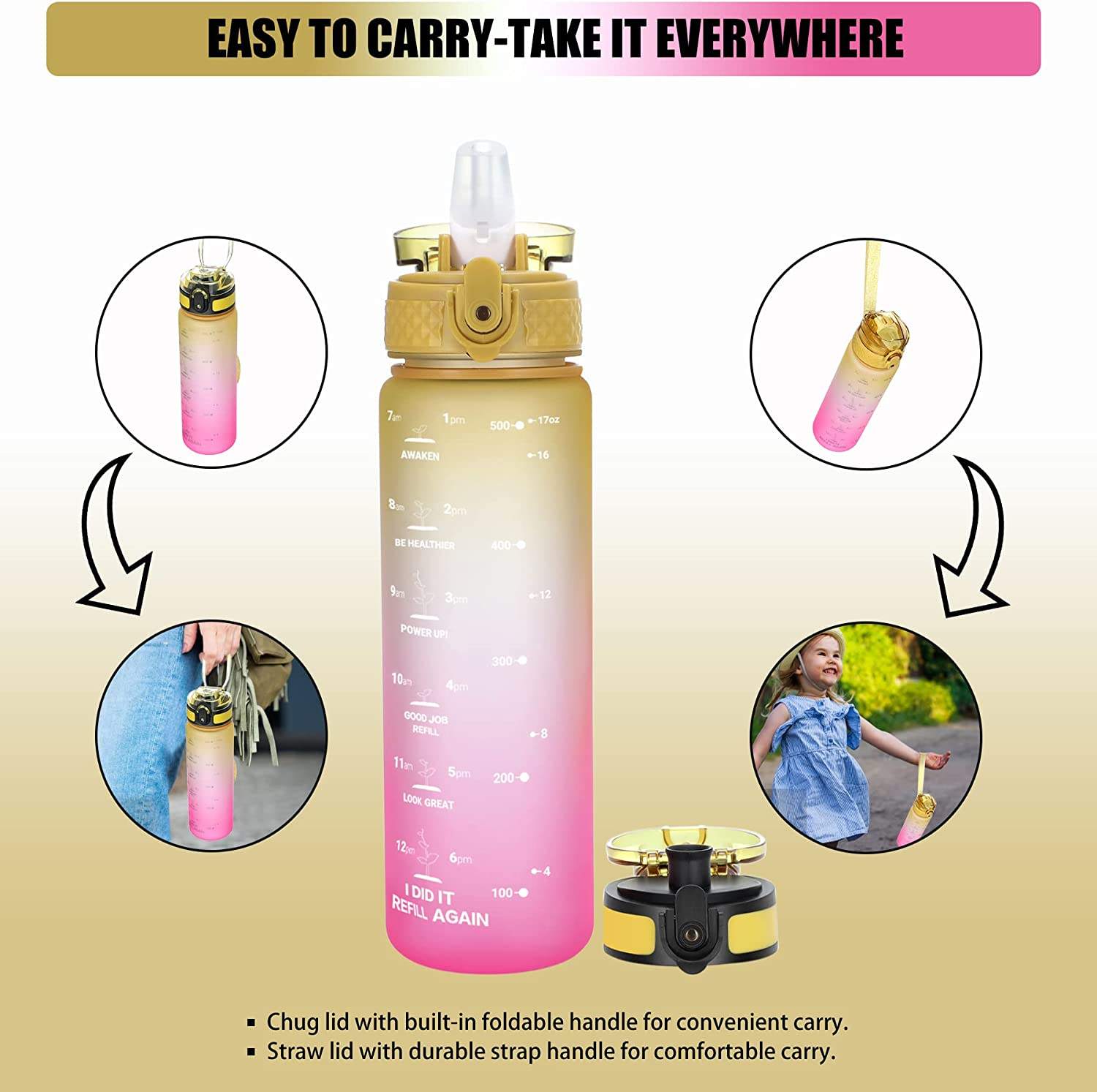 Custom Kids Water Bottle for School with Straw Chug Lid Unbreakable Leak-Proof BPA-Free Motivational Water Bottles