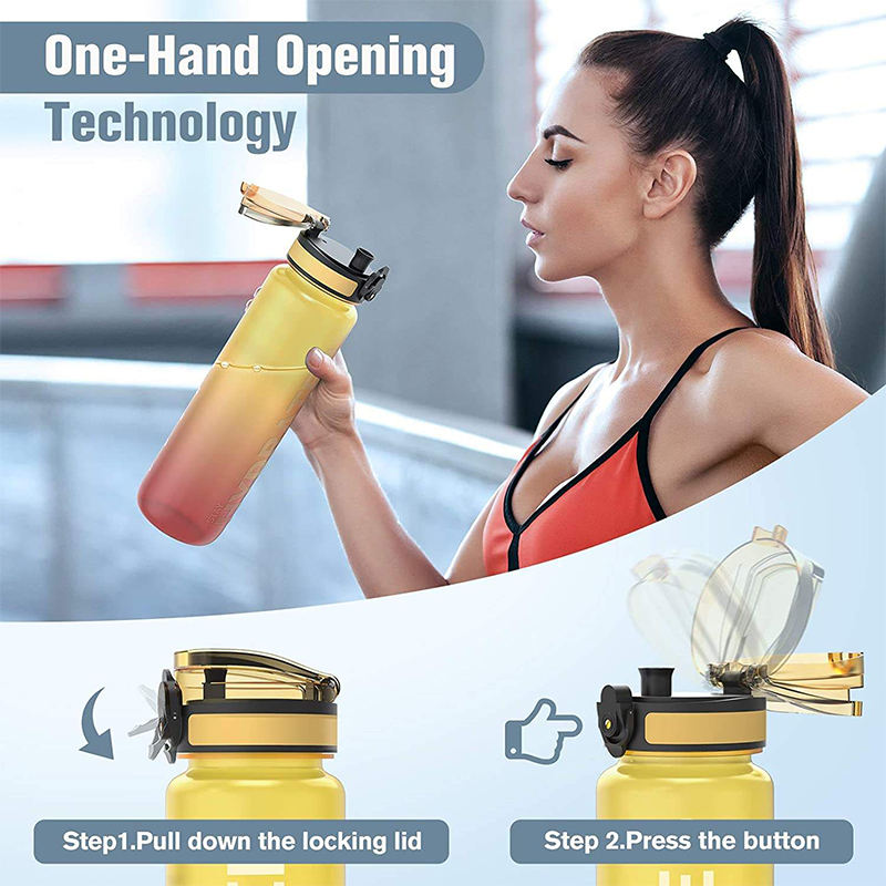 1000Ml Hydration Reminder Leak Proof Plastic Water Bottle Direct Drinking With Flip Top Lid With Time Marker