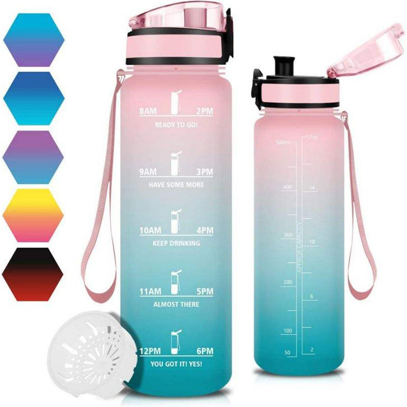 High Quality 32Oz Leak Proof Wide Mouth Motivational Plastic Water Bottle With Time Marker Filter Strap