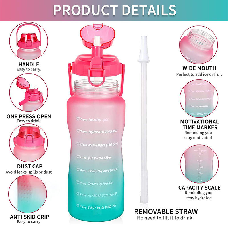 High Quality 64Oz Gradient Color Big Capacity Tritan Plastic Sports Water Bottle With Straw Time Marker