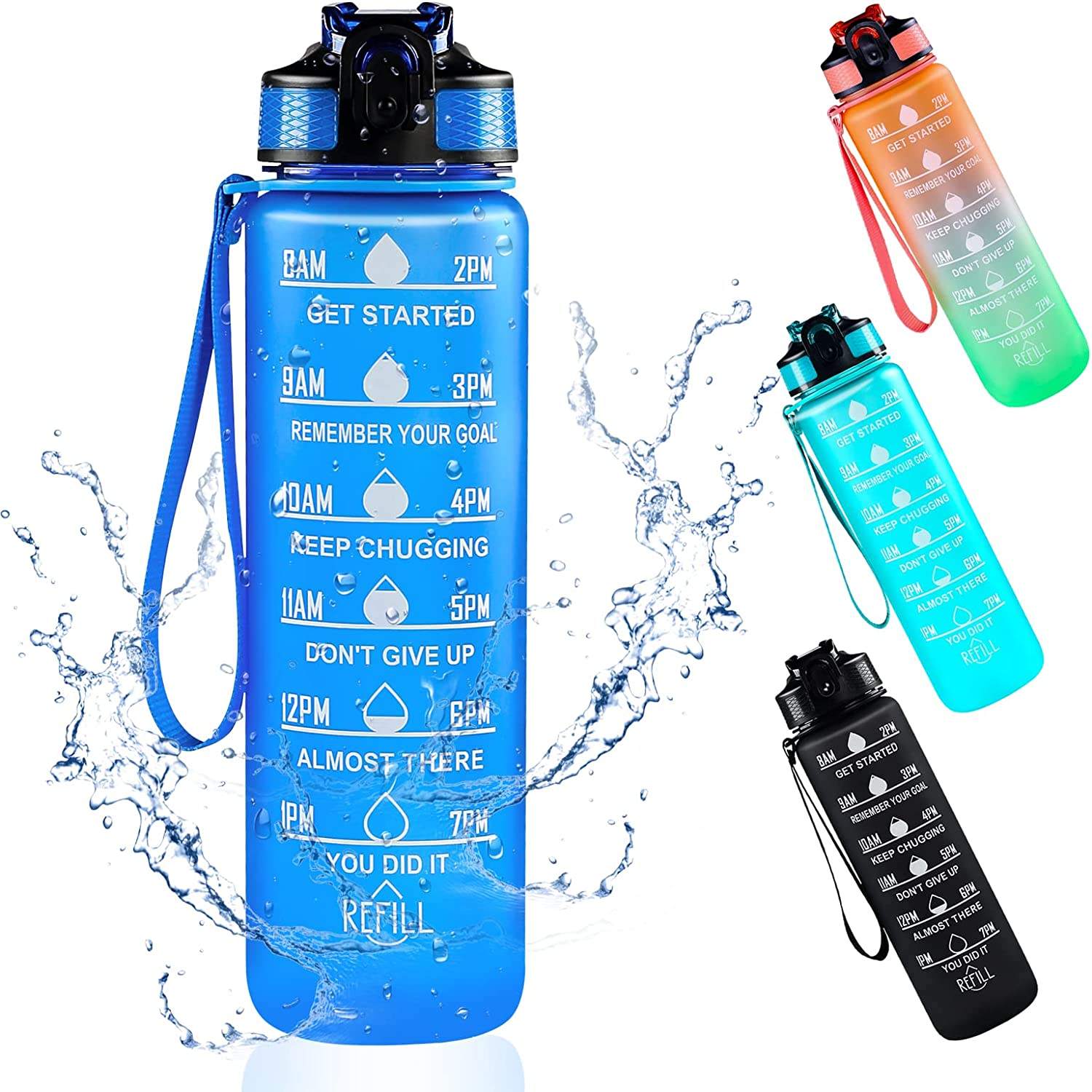 32 oz Motivational Reusable BPA Free Frosted Plastic Water Bottle With Time Marker