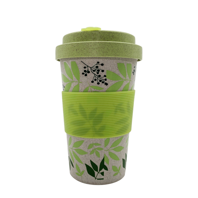 14OZ BPA Free Custom Wheat Straw Portable Coffee Mugs Bamboo Fiber Coffee Cup with Lid and Sleeve